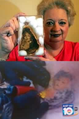 Cheesy Top: Diana Duyser shows her famous grilled cheese. Bottom: Kat Von D tattooing the miraculous image.
